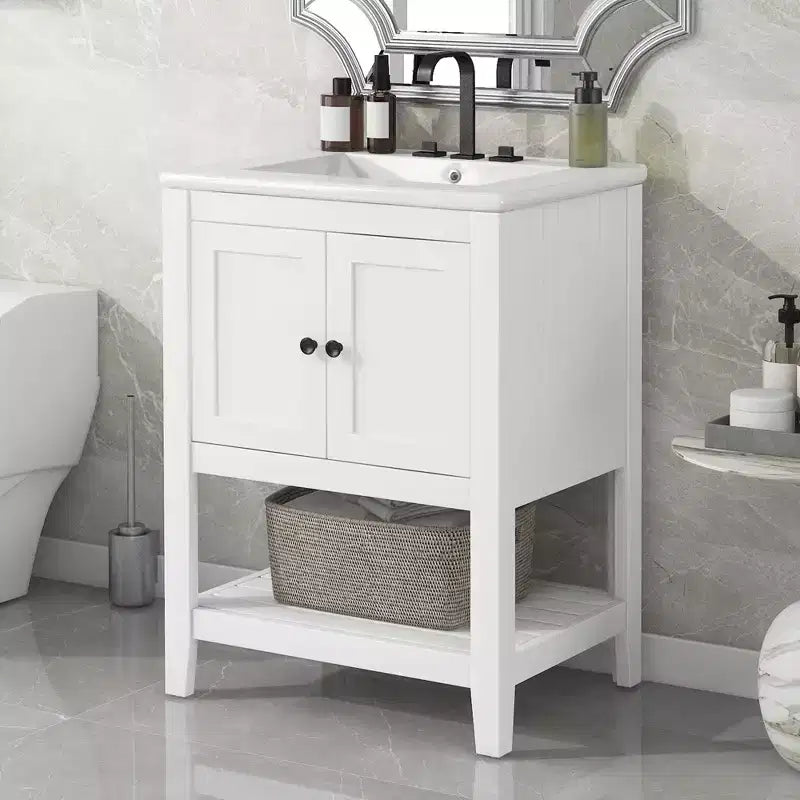 24 Small Bathroom Vanity Sink Combo with Storage , Wood Bathroom Floor Cabinet with Open Shelf