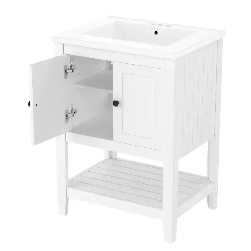 24 Small Bathroom Vanity Sink Combo with Storage , Wood Bathroom Floor Cabinet with Open Shelf