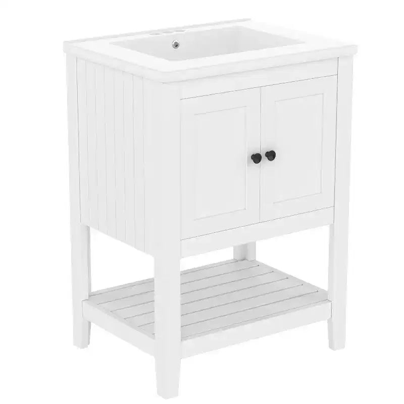 24 Small Bathroom Vanity Sink Combo with Storage , Wood Bathroom Floor Cabinet with Open Shelf