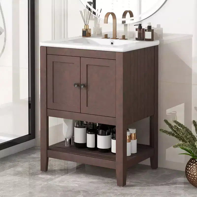 24 Small Bathroom Vanity Sink Combo with Storage , Wood Bathroom Floor Cabinet with Open Shelf