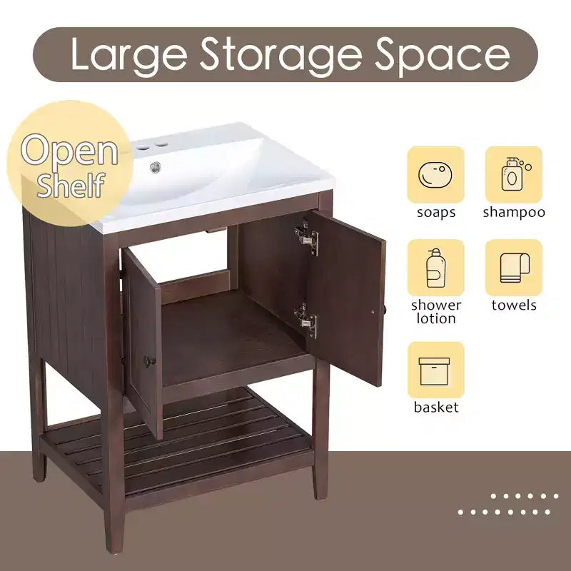 24 Small Bathroom Vanity Sink Combo with Storage , Wood Bathroom Floor Cabinet with Open Shelf