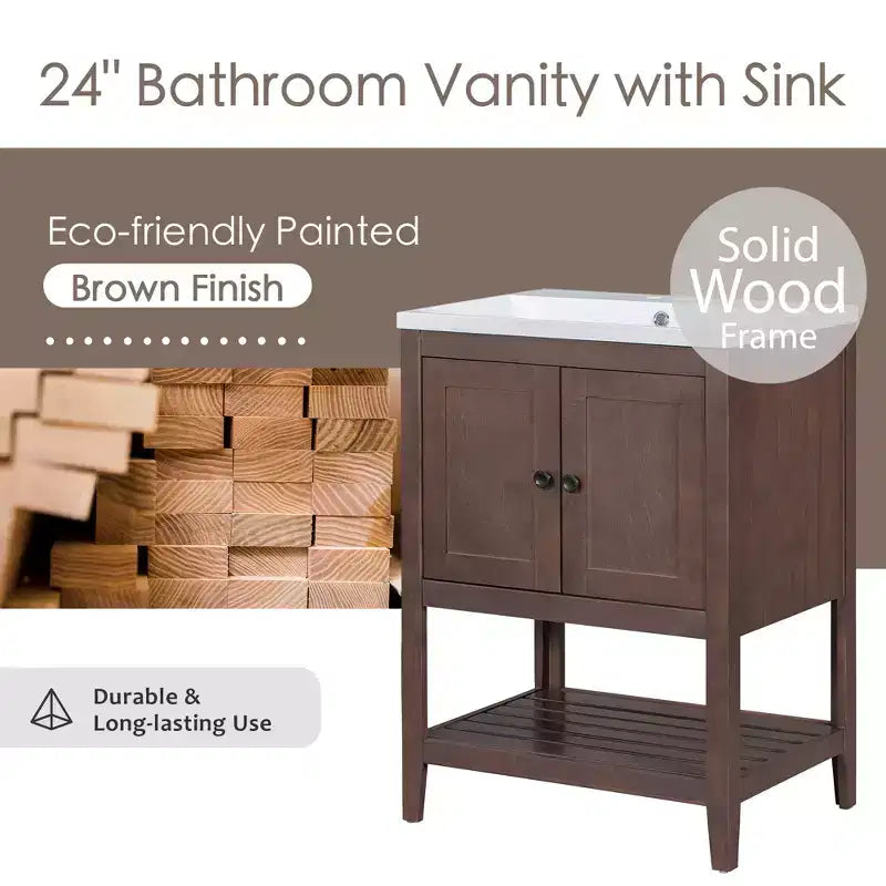 24 Small Bathroom Vanity Sink Combo with Storage , Wood Bathroom Floor Cabinet with Open Shelf