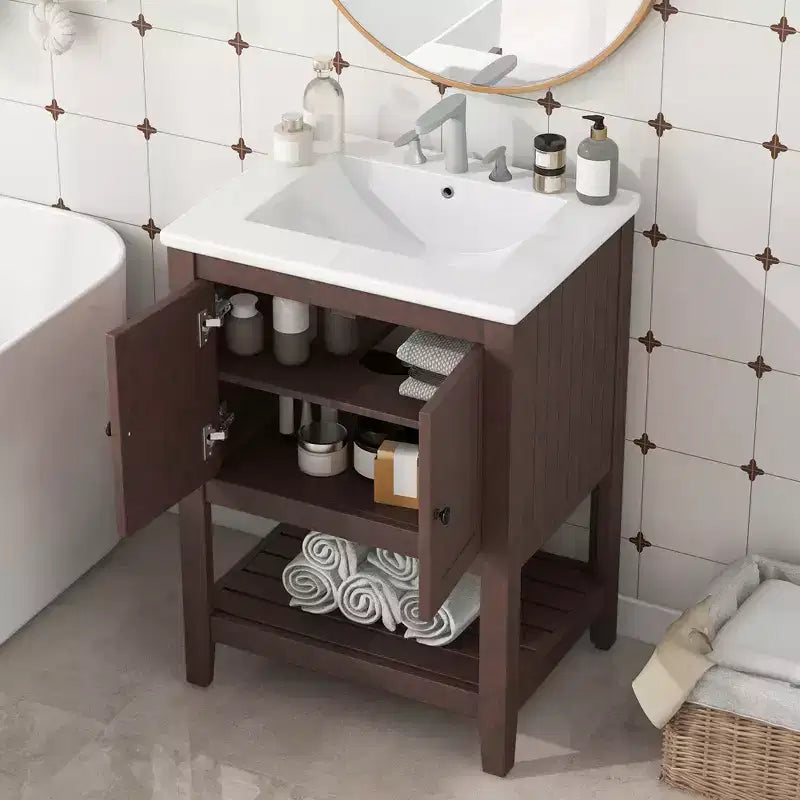 24 Small Bathroom Vanity Sink Combo with Storage , Wood Bathroom Floor Cabinet with Open Shelf