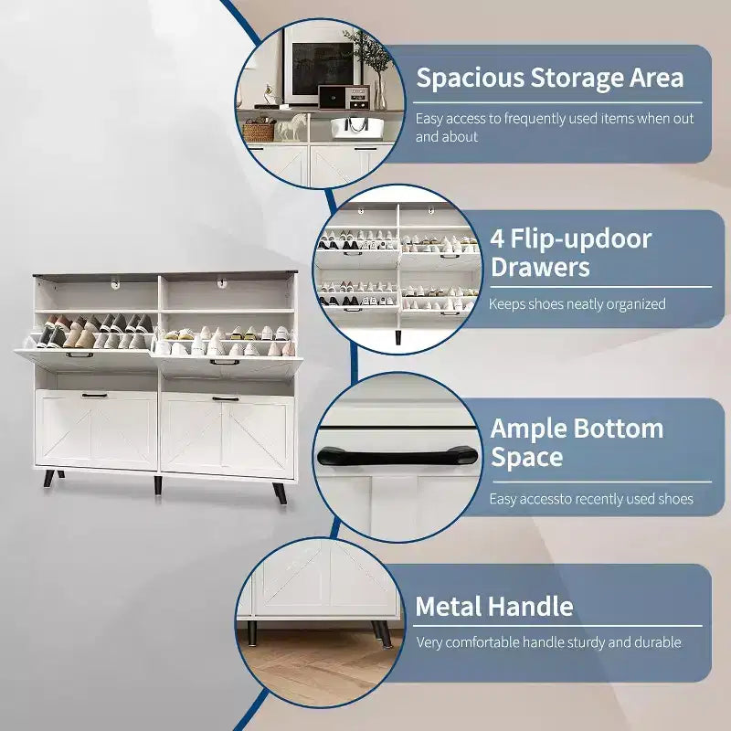 4-Drawer Flip Shoe Cabinet, Freestanding Hidden Shoe Organizer with Metal Legs & Solid Wood Doors, Narrow Entryway Shoe Storage for Hallway Foyer