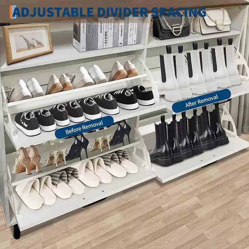 4-Drawer Flip Shoe Cabinet, Freestanding Hidden Shoe Organizer with Metal Legs & Solid Wood Doors, Narrow Entryway Shoe Storage for Hallway Foyer