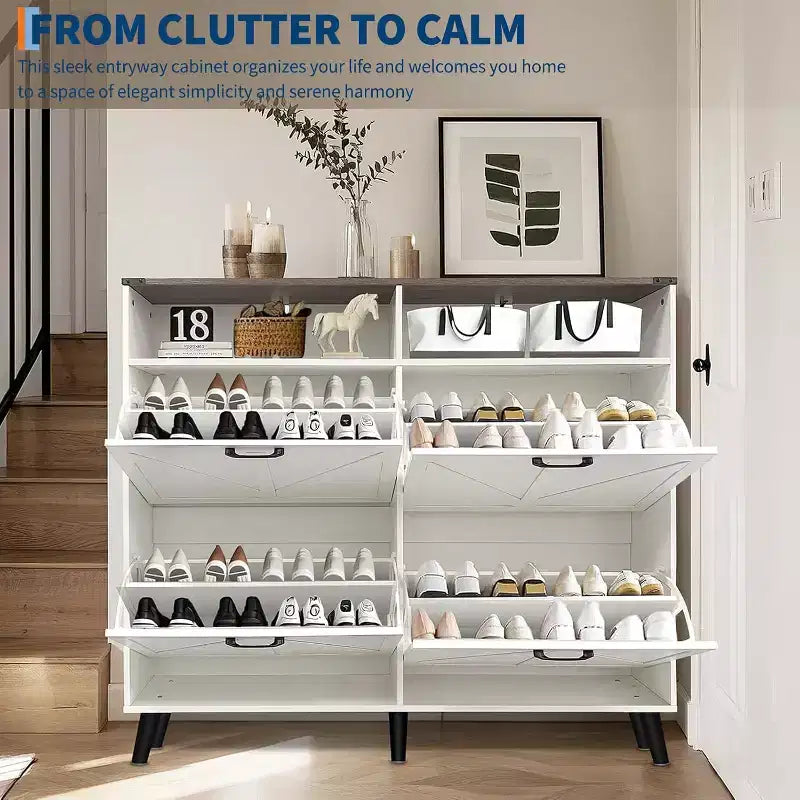 4-Drawer Flip Shoe Cabinet, Freestanding Hidden Shoe Organizer with Metal Legs & Solid Wood Doors, Narrow Entryway Shoe Storage for Hallway Foyer
