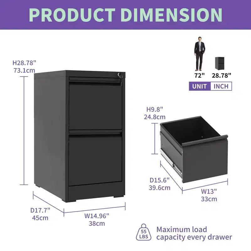 VIYET 28H 2-Drawer Metal Vertical File Cabinet with Lock, Black Steel Filing Cabinet for Home Office, Fits A4/Legal/Letter Size