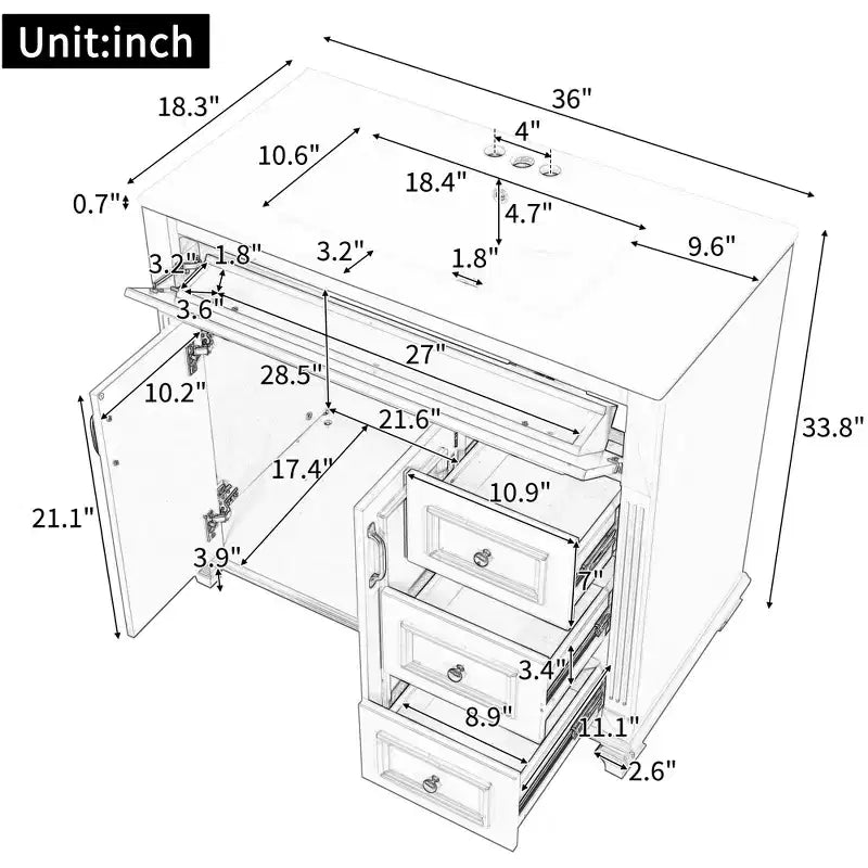 36 Bathroom Vanity Sink Combo with Storage , Bathroom Floor Cabinet with Drawers and Soft Close Doors