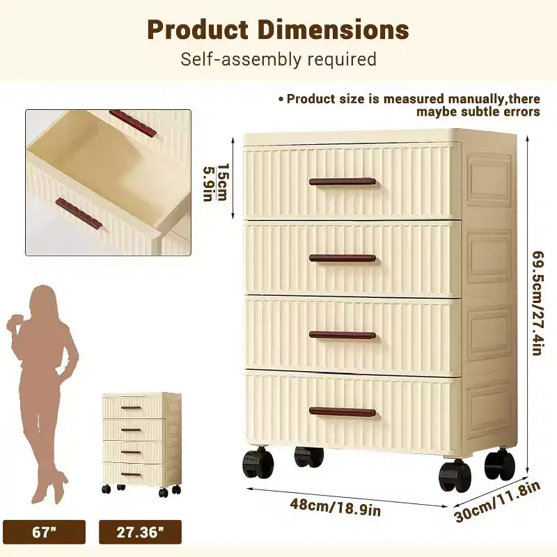 Plastic Drawer Storage On Wheels, Storage Chest of Drawers Tall Dresser, Pull Out Storage Bins for Bedroom Night Stand Living Room