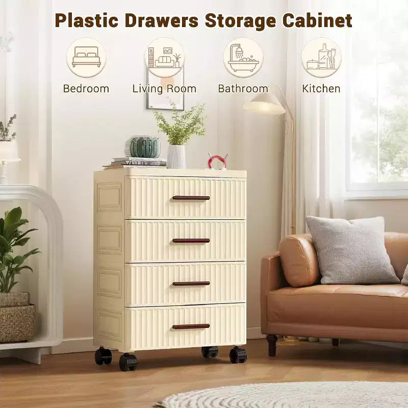 Plastic Drawer Storage On Wheels, Storage Chest of Drawers Tall Dresser, Pull Out Storage Bins for Bedroom Night Stand Living Room