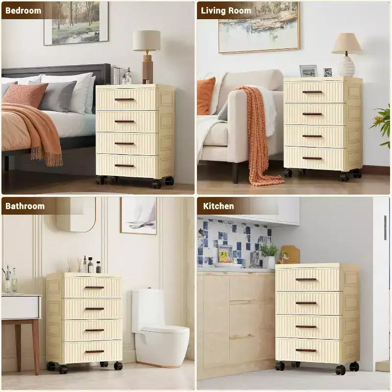 Plastic Drawer Storage On Wheels, Storage Chest of Drawers Tall Dresser, Pull Out Storage Bins for Bedroom Night Stand Living Room