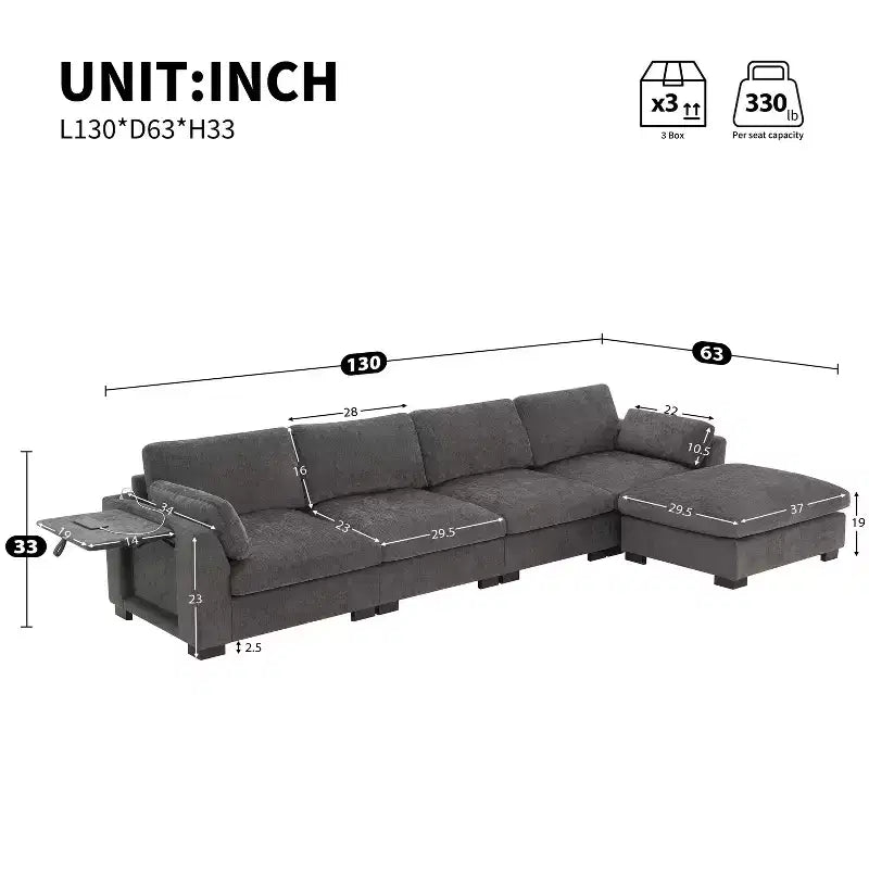 GDFStudio Lucas Modern 130 Chenille L-Shaped Modular Sectional Sofa with Ottoman, DUAL-PORT CHARGING and Folding Table
