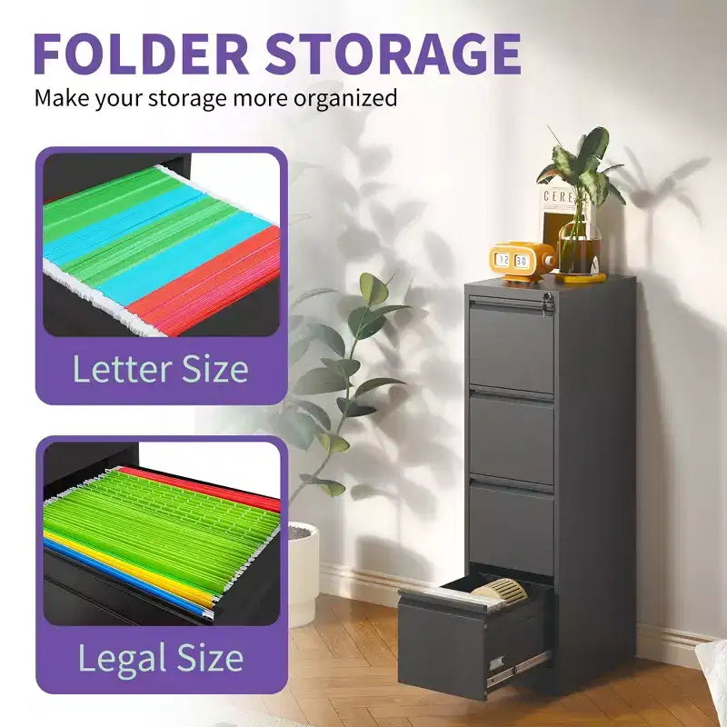 VIYET 52H 4-Drawer Black Metal Vertical File Cabinet with Lock, Steel Filing Cabinet for Home Office, Fits A4/Legal/Letter