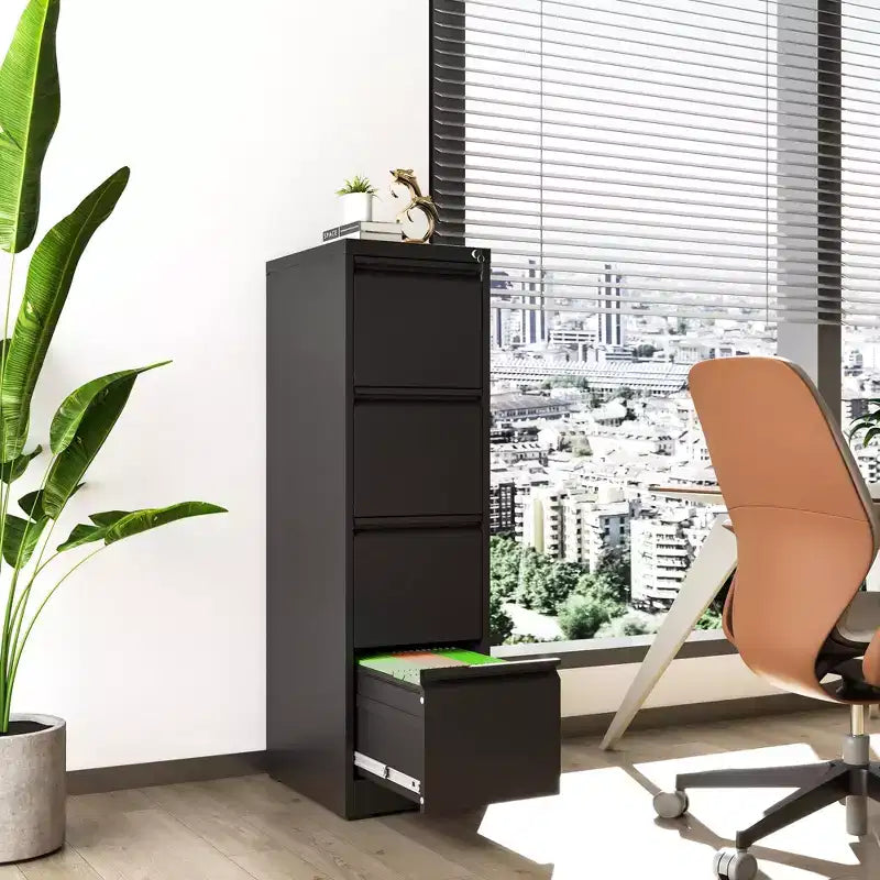 VIYET 52H 4-Drawer Black Metal Vertical File Cabinet with Lock, Steel Filing Cabinet for Home Office, Fits A4/Legal/Letter