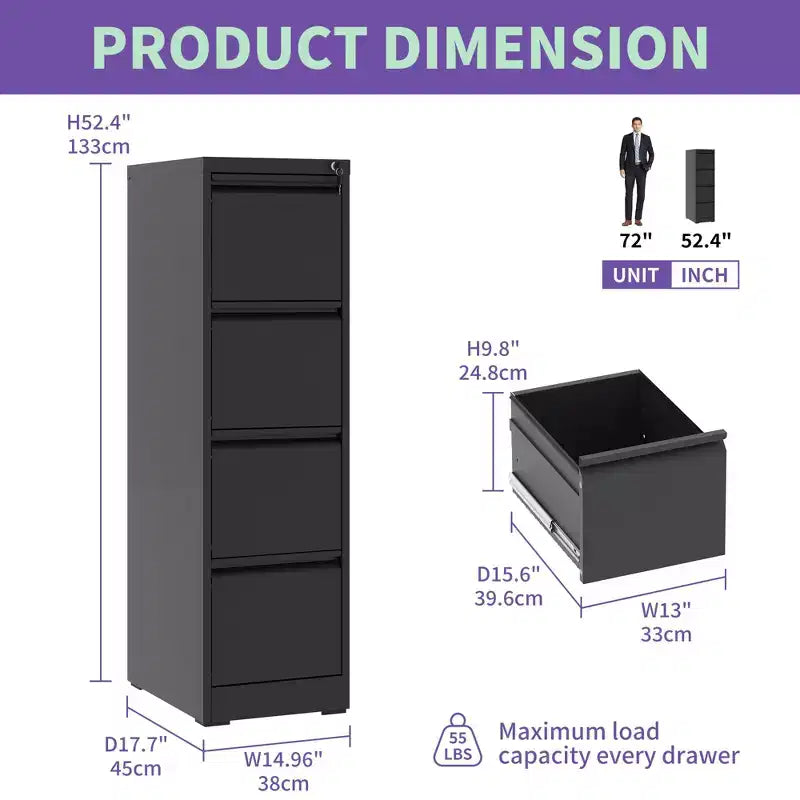 VIYET 52H 4-Drawer Black Metal Vertical File Cabinet with Lock, Steel Filing Cabinet for Home Office, Fits A4/Legal/Letter