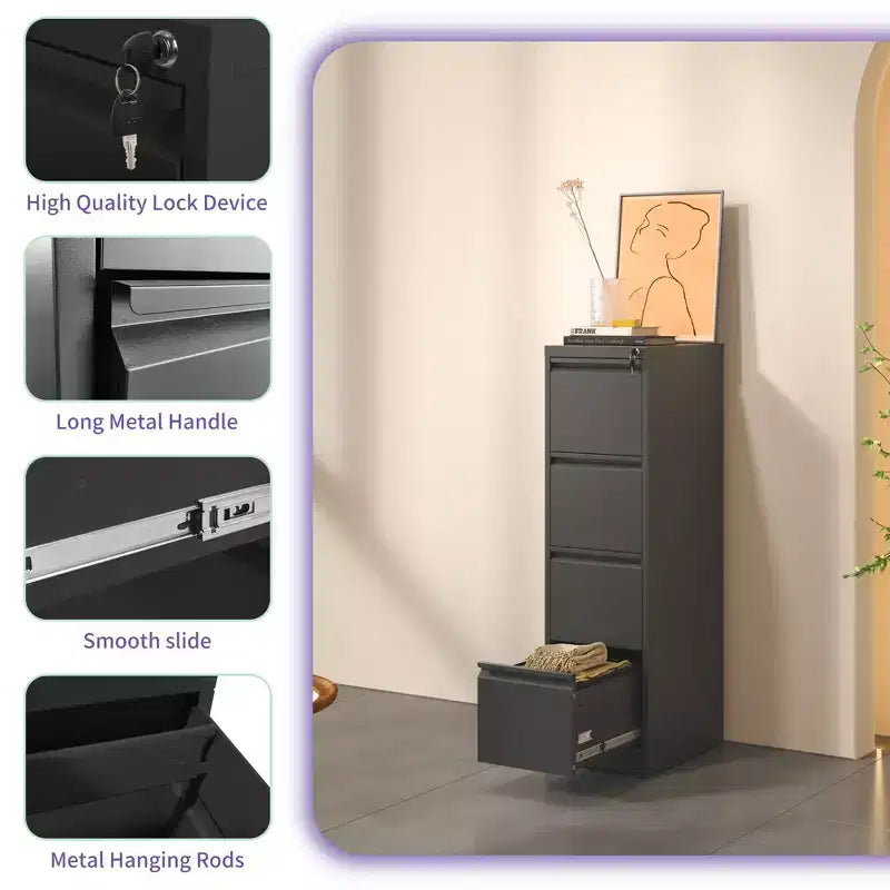 VIYET 52H 4-Drawer Black Metal Vertical File Cabinet with Lock, Steel Filing Cabinet for Home Office, Fits A4/Legal/Letter