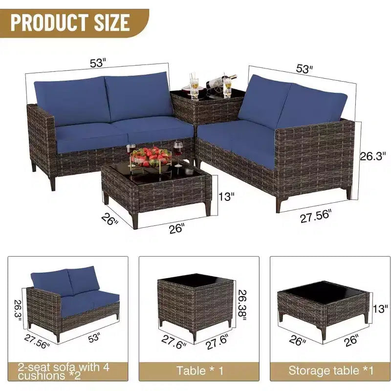 COZONY All Weather PE Rattan Patio Sectional Set, Loveseat Sofa Coffee Table with Storage for Backyard Poolside Porch