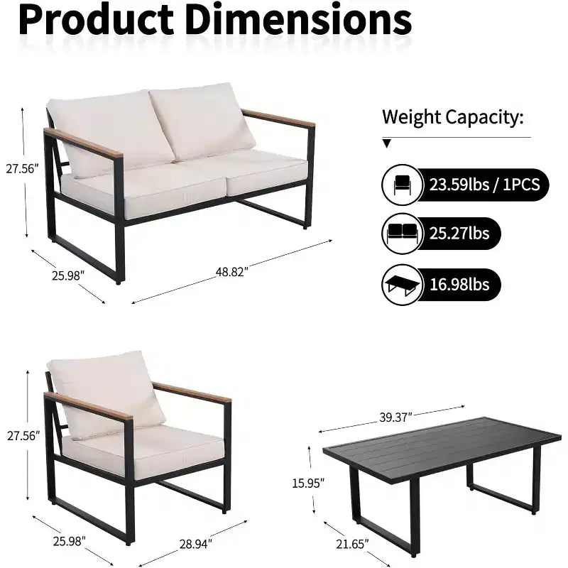 COZONY 4 Piece Outdoor Patio Set, Metal Conversation Chairs Coffee Table Sectional for Porch Balcony Garden