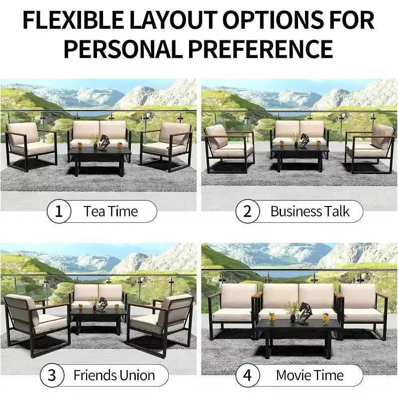 COZONY 4 Piece Outdoor Patio Set, Metal Conversation Chairs Coffee Table Sectional for Porch Balcony Garden