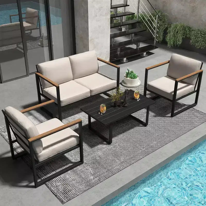 COZONY 4 Piece Outdoor Patio Set, Metal Conversation Chairs Coffee Table Sectional for Porch Balcony Garden