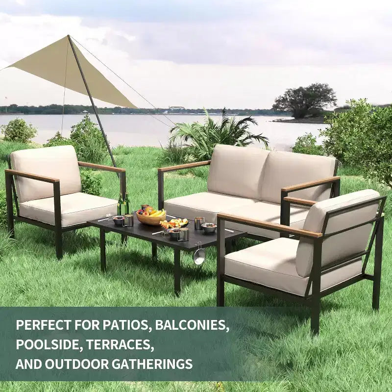 COZONY 4 Piece Outdoor Patio Set, Metal Conversation Chairs Coffee Table Sectional for Porch Balcony Garden