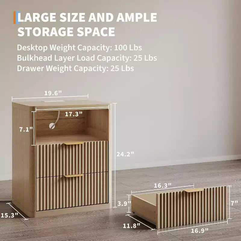 Bedside Table Nightstand with Bedside Storage, Bedroom Side Table and Organizer, Functional and Fluted Nightstand