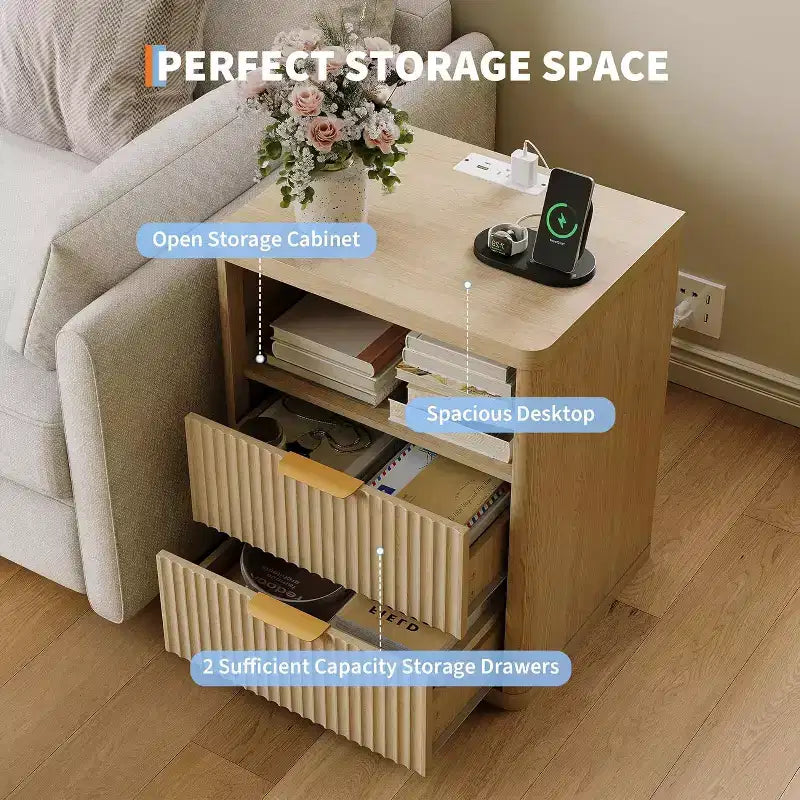 Bedside Table Nightstand with Bedside Storage, Bedroom Side Table and Organizer, Functional and Fluted Nightstand