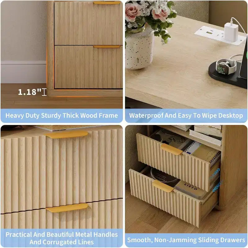 Bedside Table Nightstand with Bedside Storage, Bedroom Side Table and Organizer, Functional and Fluted Nightstand