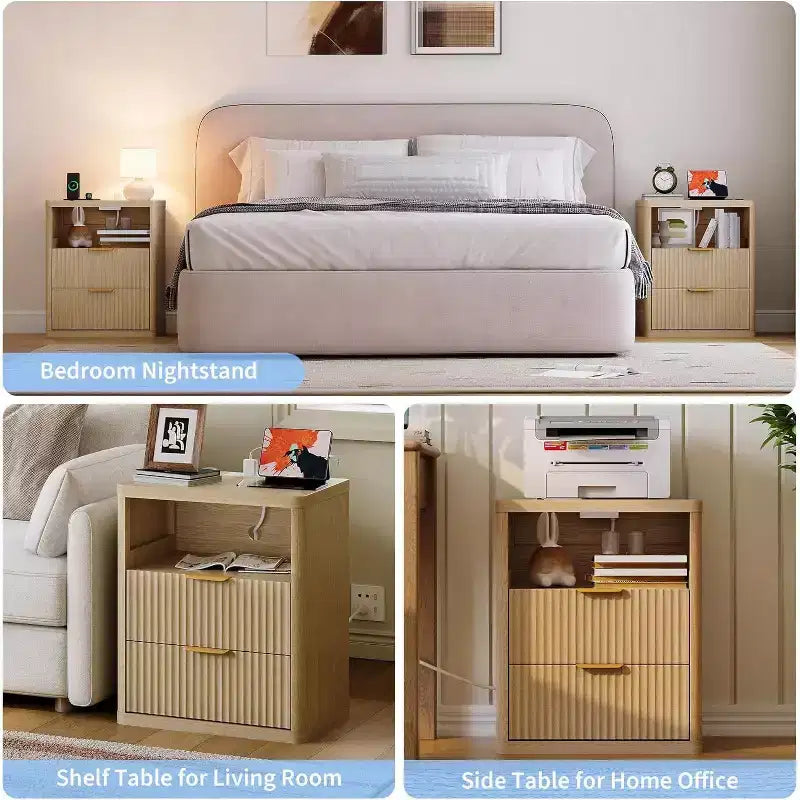 Bedside Table Nightstand with Bedside Storage, Bedroom Side Table and Organizer, Functional and Fluted Nightstand