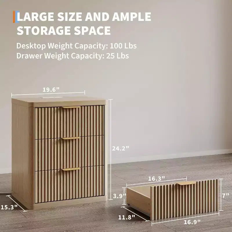 Bedside Table Nightstand with Bedside Storage, Bedroom Side Table and Organizer, Functional and Fluted Nightstand