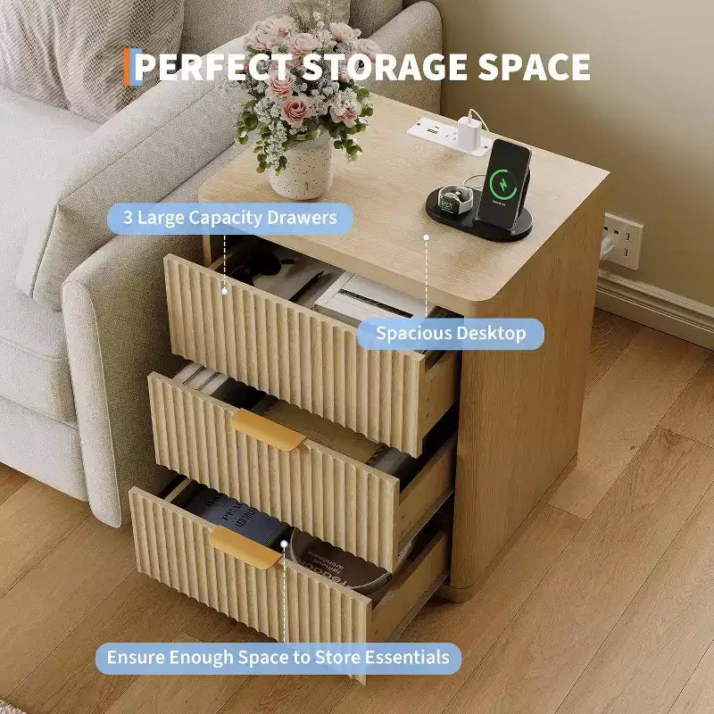 Bedside Table Nightstand with Bedside Storage, Bedroom Side Table and Organizer, Functional and Fluted Nightstand
