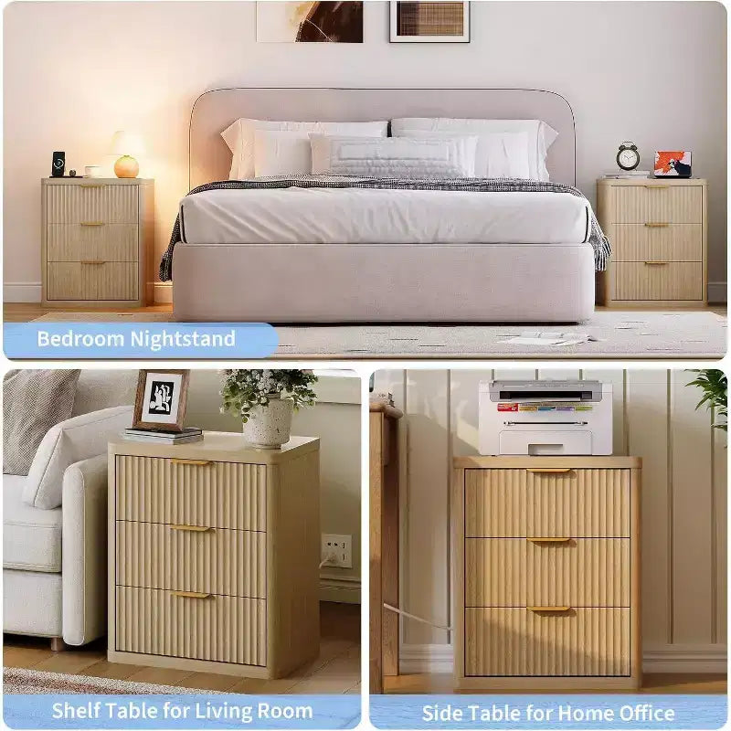 Bedside Table Nightstand with Bedside Storage, Bedroom Side Table and Organizer, Functional and Fluted Nightstand