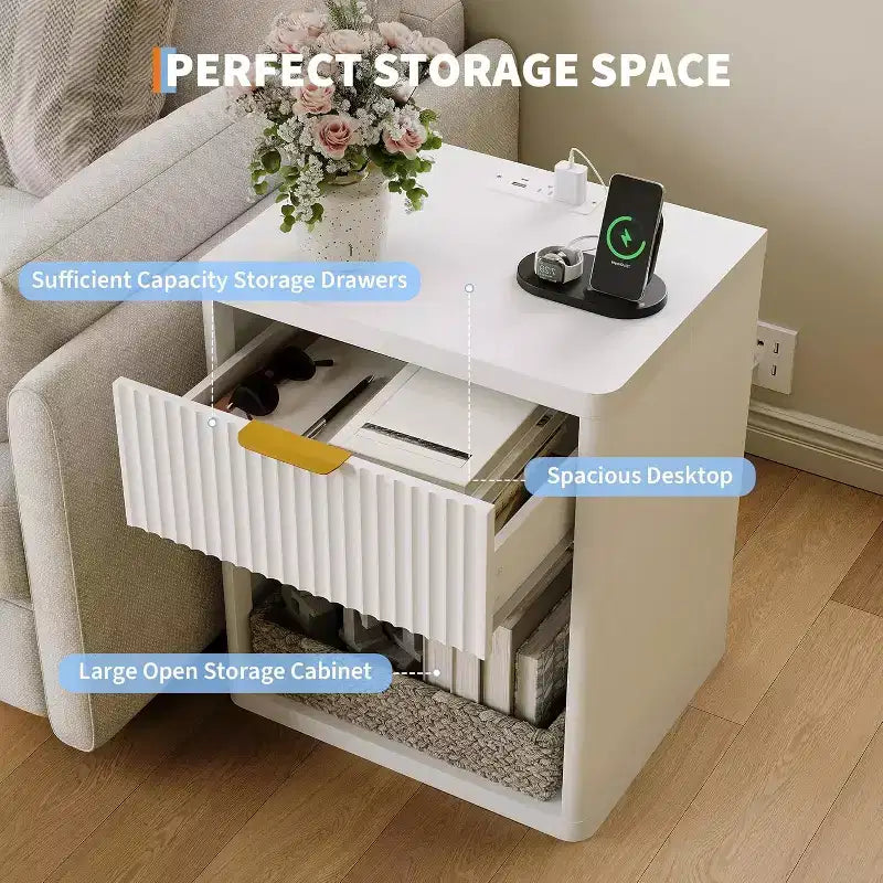 Bedside Table Nightstand with Bedside Storage, Bedroom Side Table and Organizer, Functional and Fluted Nightstand
