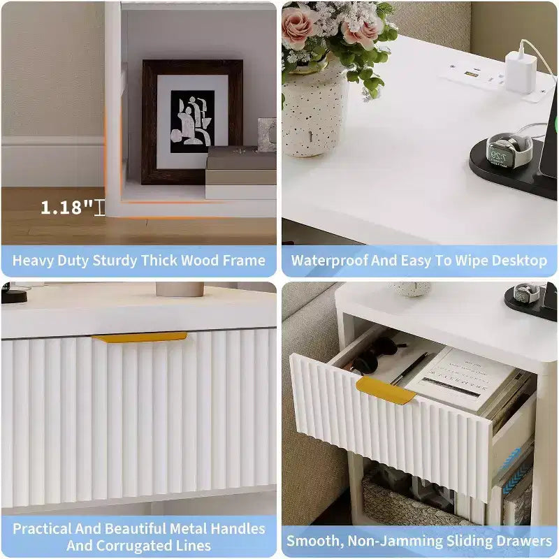 Bedside Table Nightstand with Bedside Storage, Bedroom Side Table and Organizer, Functional and Fluted Nightstand