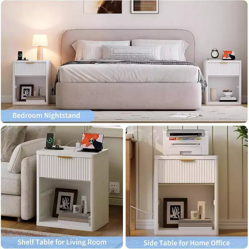 Bedside Table Nightstand with Bedside Storage, Bedroom Side Table and Organizer, Functional and Fluted Nightstand