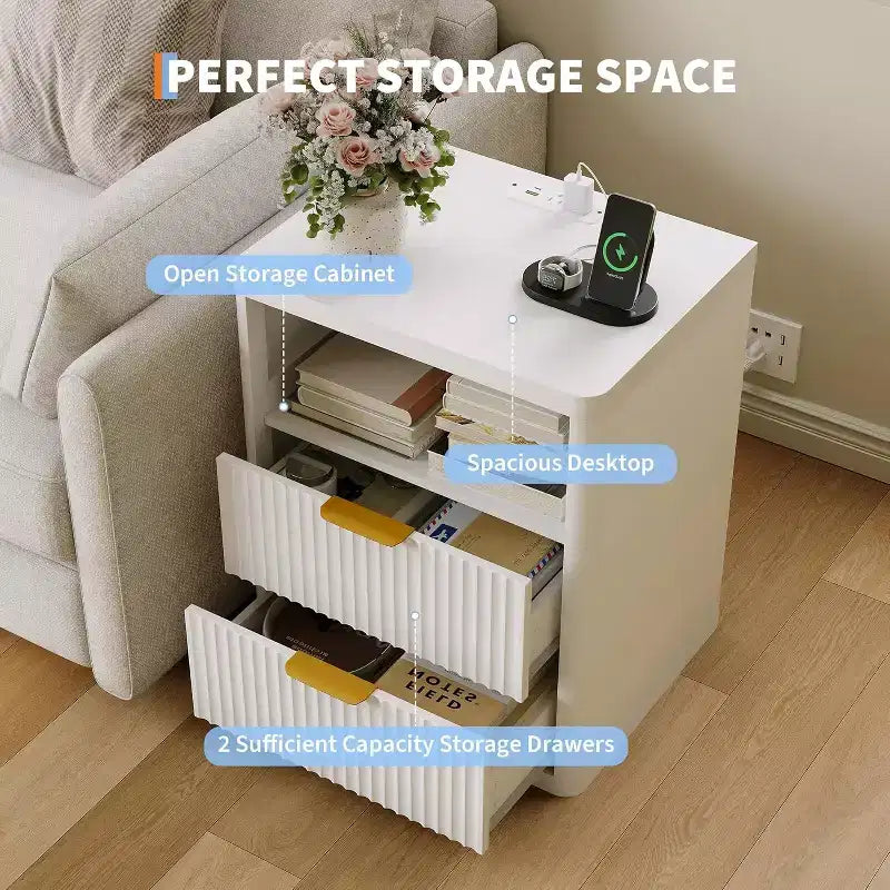 Bedside Table Nightstand with Bedside Storage, Bedroom Side Table and Organizer, Functional and Fluted Nightstand
