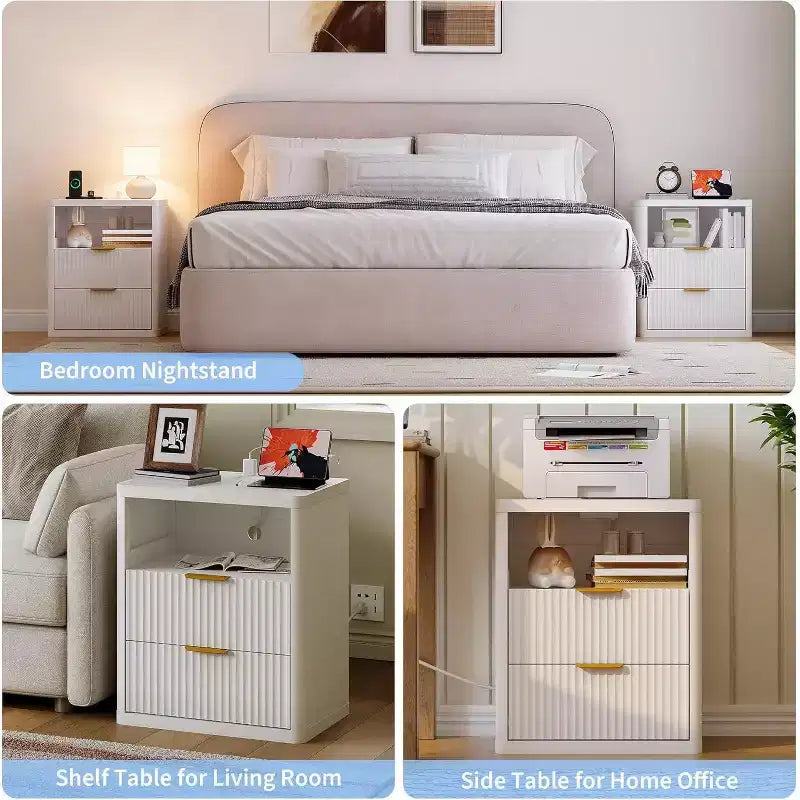Bedside Table Nightstand with Bedside Storage, Bedroom Side Table and Organizer, Functional and Fluted Nightstand