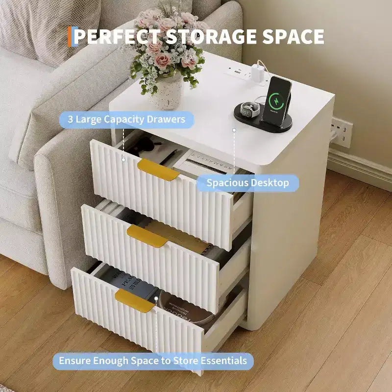 Bedside Table Nightstand with Bedside Storage, Bedroom Side Table and Organizer, Functional and Fluted Nightstand