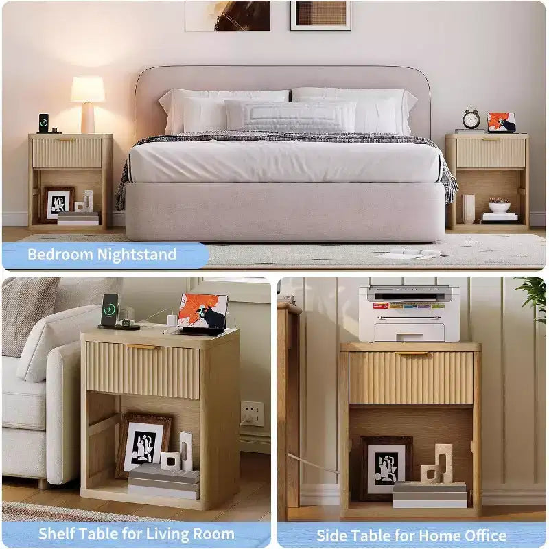 Bedside Table Nightstand with Bedside Storage, Bedroom Side Table and Organizer, Functional and Fluted Nightstand