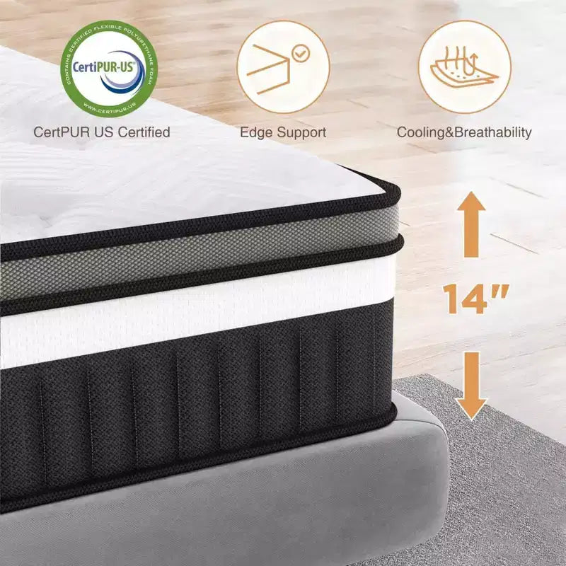 14 Inch Queen Mattress - Memory Foam Mattress, Medium Firm Feel, CertiPUR-US Certified Cool & Pocket Springs, 3D Knit Fabric, Motion Isolation