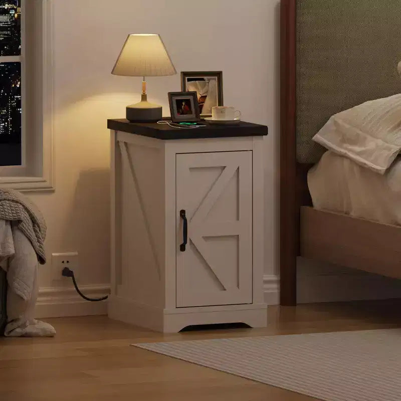 Farmhouse End Table, Adjustable Shelf, Cable Management | Convenient Power End Table for Bedroom, Living Room