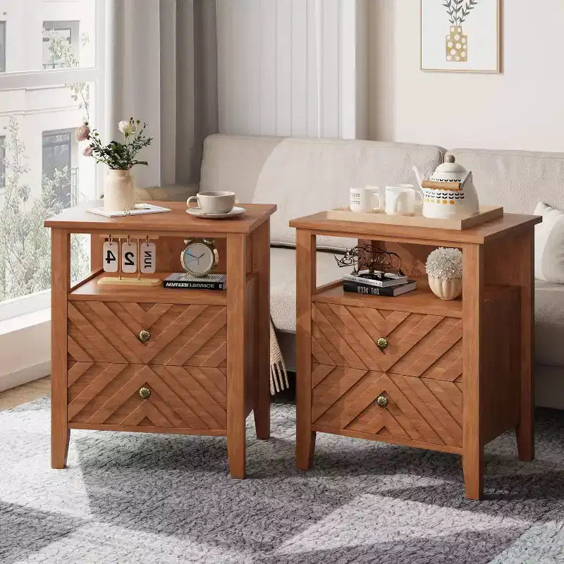 Nightstand with 2 Drawers, Stable Wooden Legs Farmhouse Nightstand, Wooden Rustic Bedside Table for Bedroom Living Room, 2 pcs, Brown