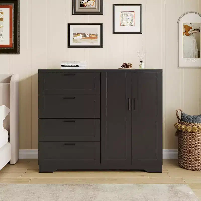 Acekool Wooden Armoire Wardrobe Closet with 2 Doors, 4 Drawers, Hanging Rod, Anti-Tip Design & Metal Handles, Modern Bedroom Storage