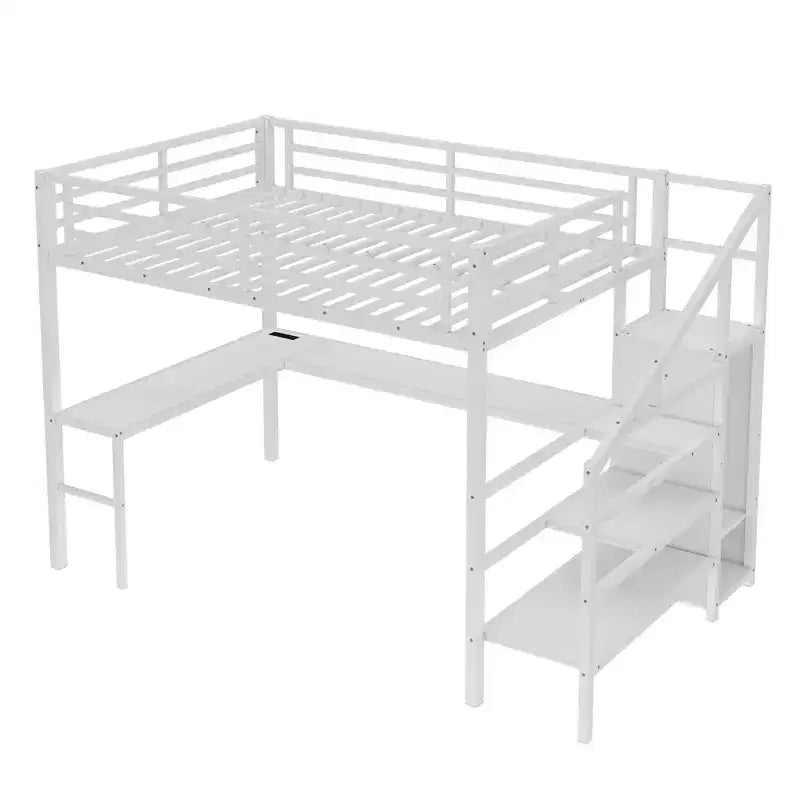 Bellemave Metal Loft Bed with L-Shaped Desk, Wardrobe & Adjustable Storage, USB & LED Lights, High Loft Bed for Kids, Teens & Adults, White