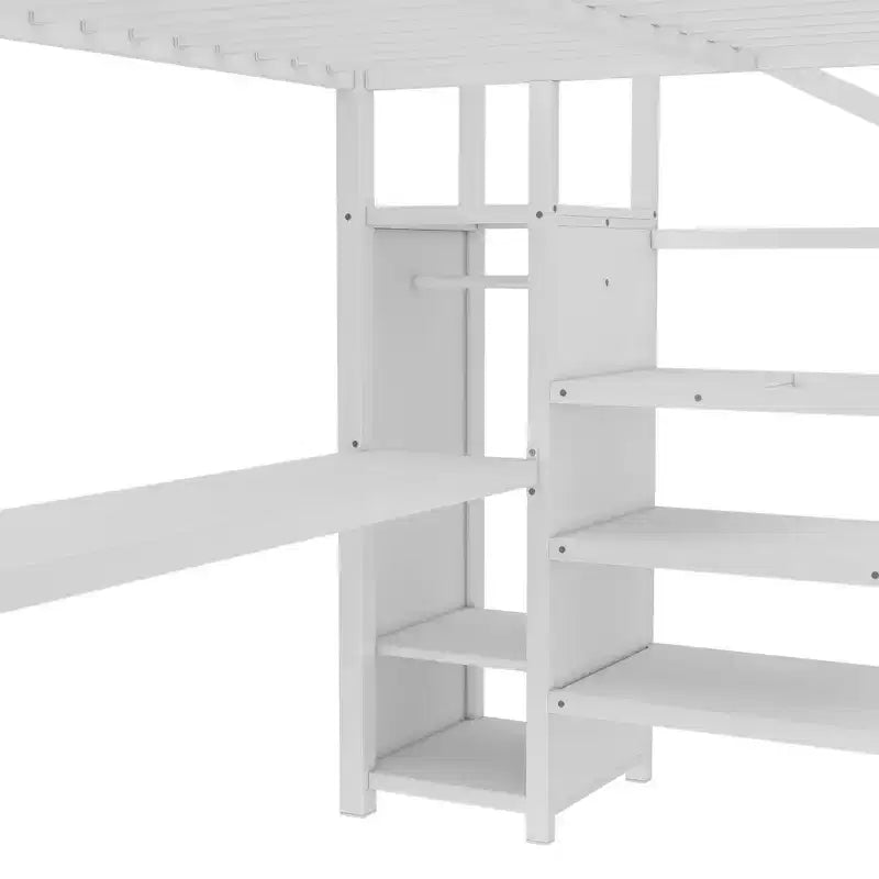 Bellemave Metal Loft Bed with L-Shaped Desk, Wardrobe & Adjustable Storage, USB & LED Lights, High Loft Bed for Kids, Teens & Adults, White