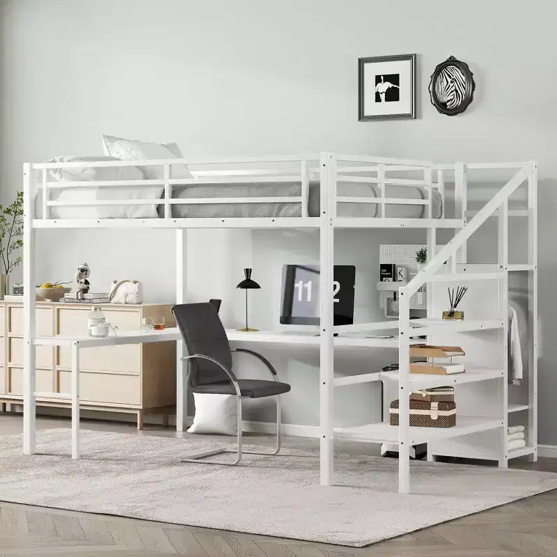 Bellemave Metal Loft Bed with L-Shaped Desk, Wardrobe & Adjustable Storage, USB & LED Lights, High Loft Bed for Kids, Teens & Adults, White