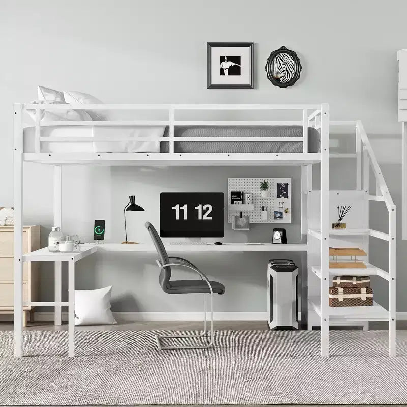 Bellemave Metal Loft Bed with L-Shaped Desk, Wardrobe & Adjustable Storage, USB & LED Lights, High Loft Bed for Kids, Teens & Adults, White