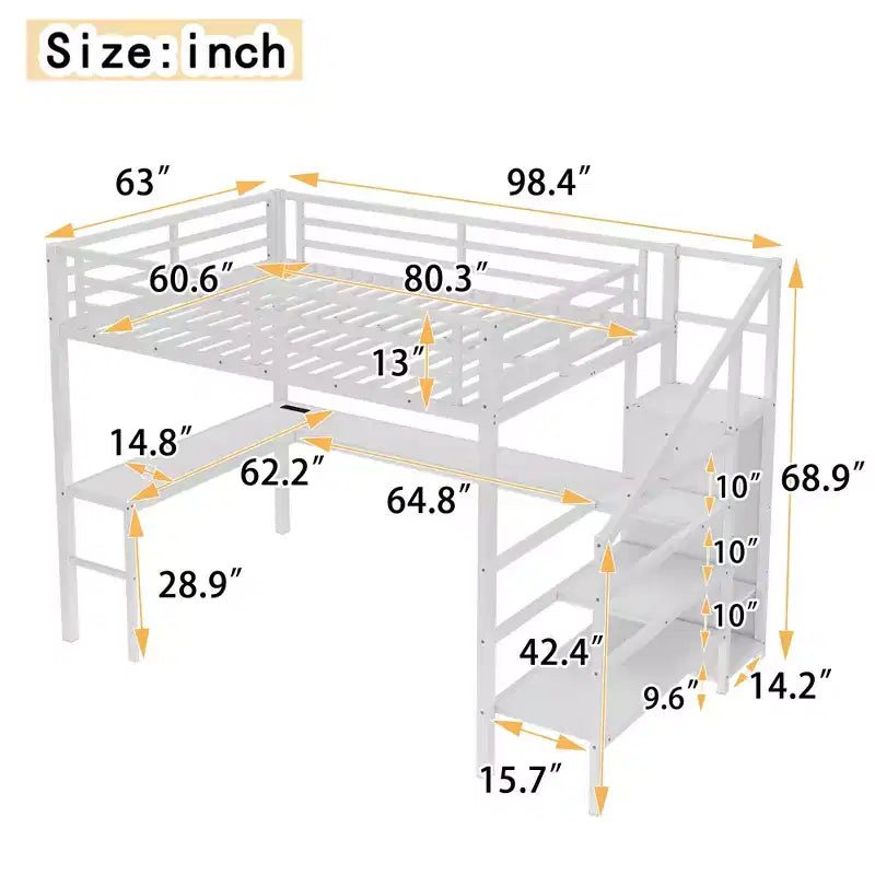 Bellemave Metal Loft Bed with L-Shaped Desk, Wardrobe & Adjustable Storage, USB & LED Lights, High Loft Bed for Kids, Teens & Adults, White