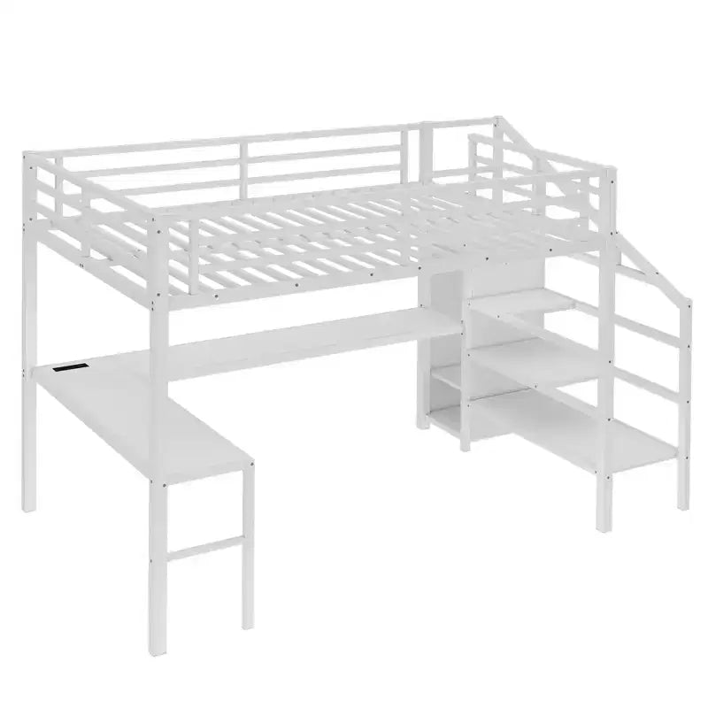 Bellemave Metal Loft Bed with L-Shaped Desk, Wardrobe & Adjustable Storage, USB & LED Lights, High Loft Bed for Kids, Teens & Adults, White