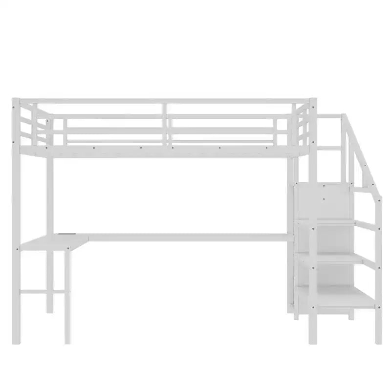 Bellemave Metal Loft Bed with L-Shaped Desk, Wardrobe & Adjustable Storage, USB & LED Lights, High Loft Bed for Kids, Teens & Adults, White